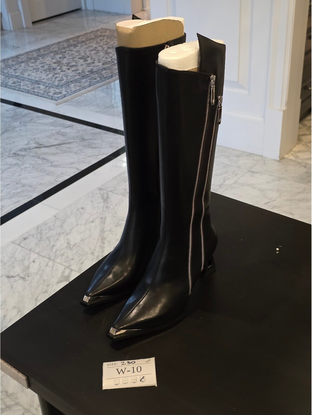Women's Black Leather Knee-High Boots with Side Zipper